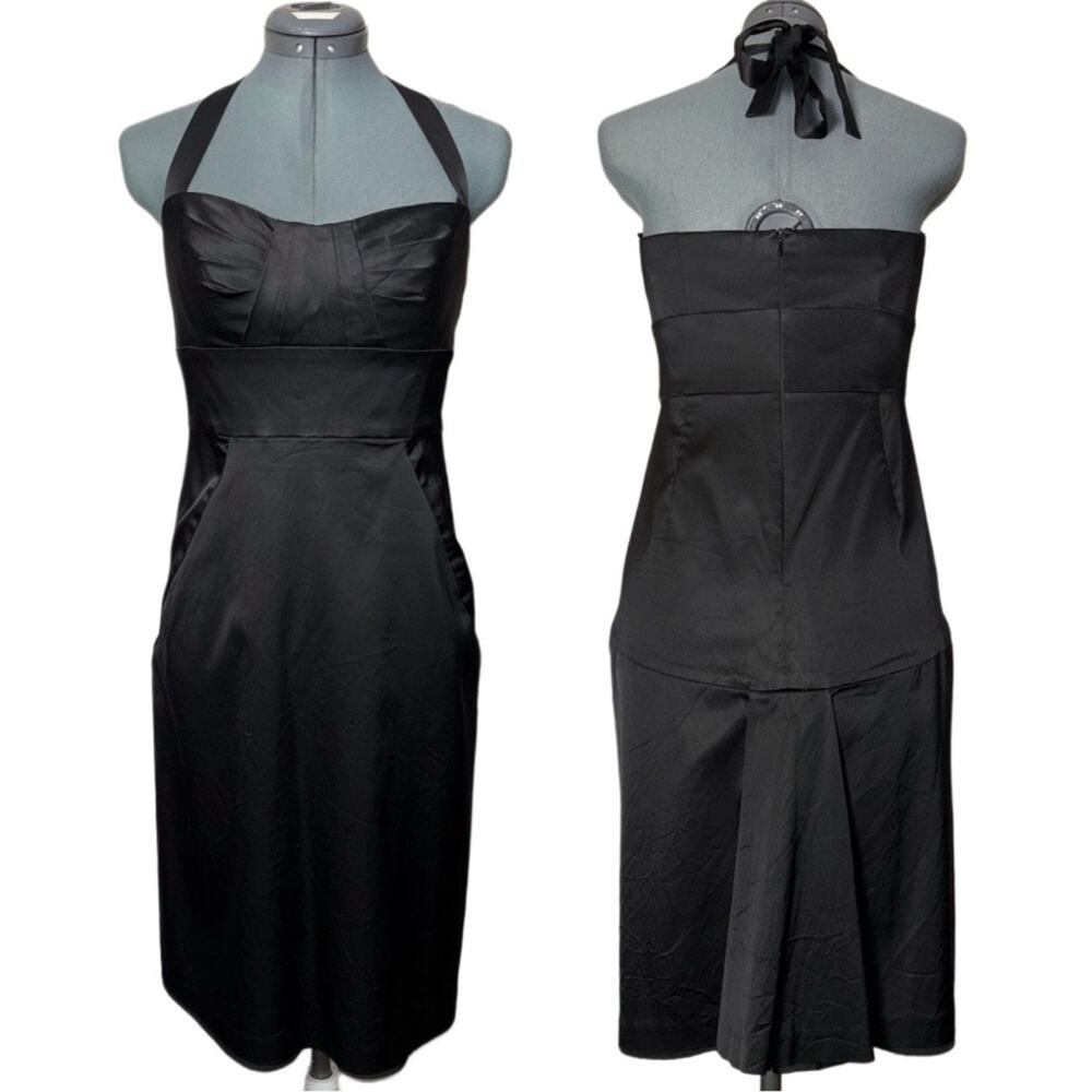 Donna Ricco Dress Women's Size 6 Black Halter Cocktail Satin Sheath Pleated Mini